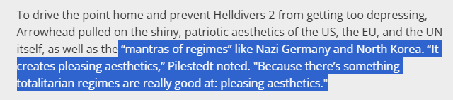 TArchcast's tweet photo. Holy shit! This came out half an hour ago! Helldivers 2 Dev openly states that super earth is intended to be a fascist totalitarian regime! 

Developers where actively trying to "Brainwash an entire community to fight for a fascist state"

The Helldivers are "Evil grunts" https://t.co/YQUohq8yWD