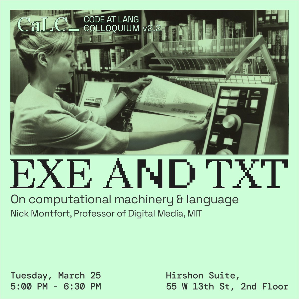 codeatlang's tweet image. Join us next week for Nick Montfort (@nickmofo) sharing two recent books on generative AI: "Output" & "All the Way for the Win"
March 25, 5-6:30pm; Hirshon Suite, 55 W 13th St, 2nd floor
Open to all; registration required; refreshments will be served
event.newschool.edu/nick-montfort