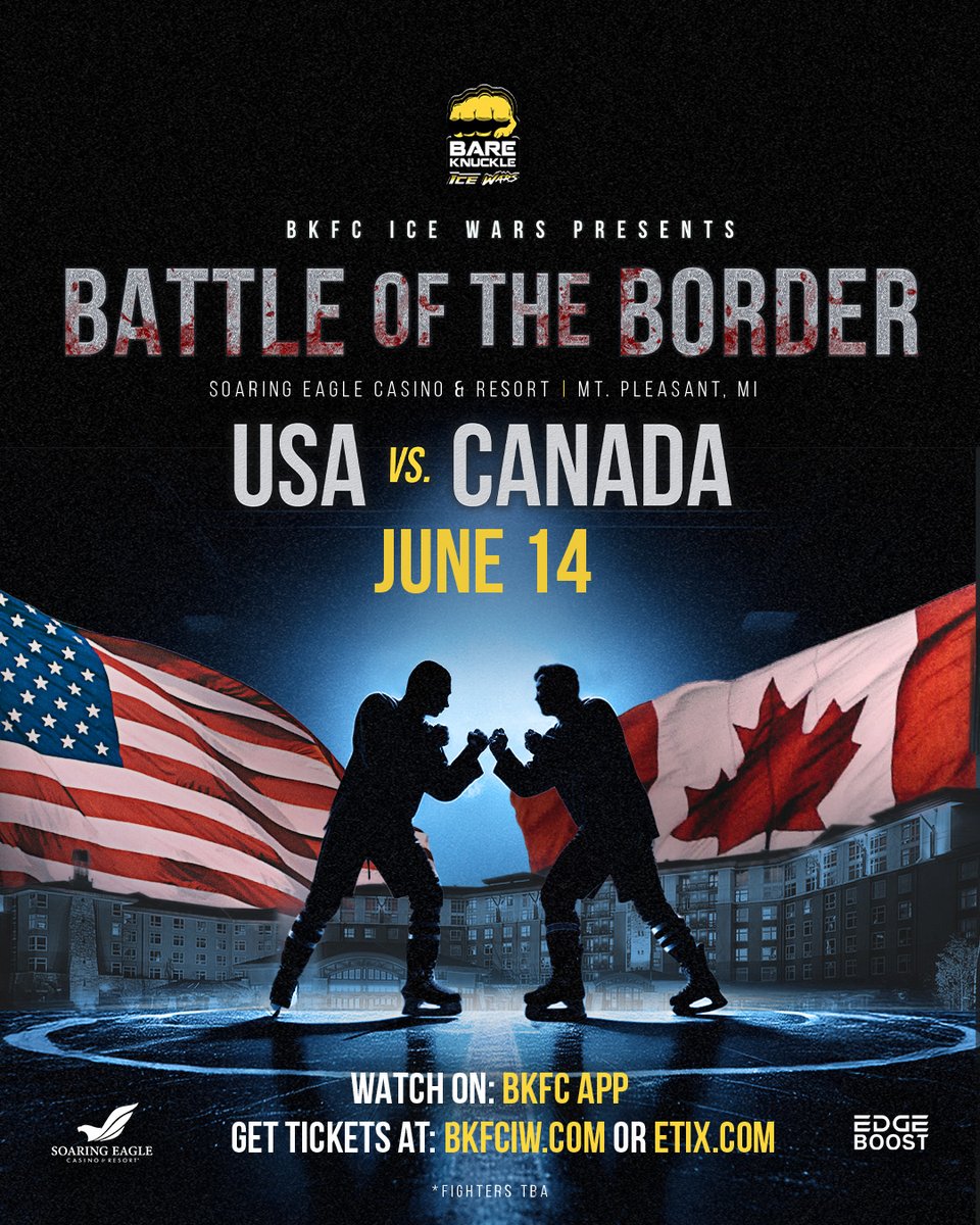 🥊 BORDER BATTLE ALERT! 🔥 

USA 🇺🇸 vs CANADA 🇨🇦 
June 14th at Soaring Eagle Casino! 

Bare knuckles. Pure ice. Two nations collide. 

🎟️ Grab tickets: BKFCIW.com 
📱 Watch live on BKFC App 

#BKFCIceWars #USAvsCanada #IceFighting #BareKnuckle #CombatSports