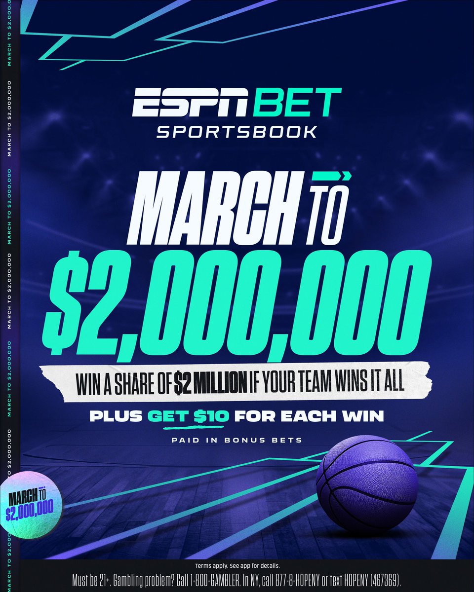 Tourney Time! Place a $20+ wager on the Men’s or Women’s Championship Winner before tip and you'll get...
✅ A share of $2M in Bonus Bets if your team wins it all 💰
✅ $10 in Bonus Bets for each win your team gets during the tournament!  <a href="/ESPNBET/">ESPN BET</a> 
espnbet.app.link/w6Eq9UssNQb?%2… #ad