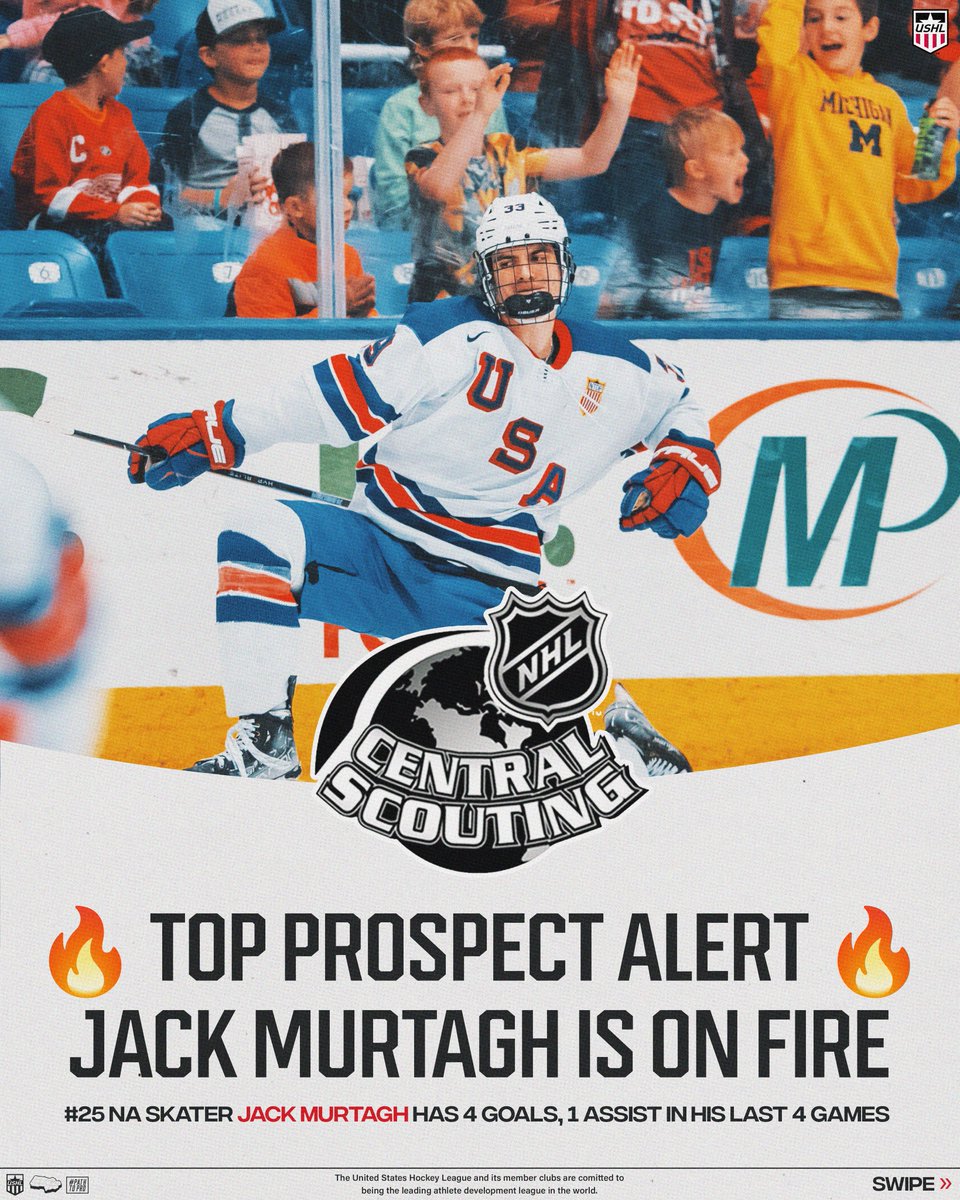 USHL's tweet photo. 2025 @NHL Draft prospect Jack Murtagh has played a pivotal role in @USAHockeyNTDP’s recent success. 

The @TerrierHockey commit was ranked No. 25 among North American skaters in the @NHLCentralScout Mid-Term Rankings.

#USHL https://t.co/WYOKrhGHvE