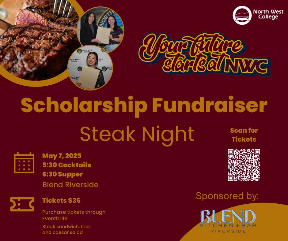 🚨 Upcoming Scholarship Fundraiser! 🚨

Set aside some time on May 7th for a Steak Night Fundraiser with NWC and Blend Kitchen + Bar! Join us for a night of steak and socializing, with proceeds supporting student scholarships.