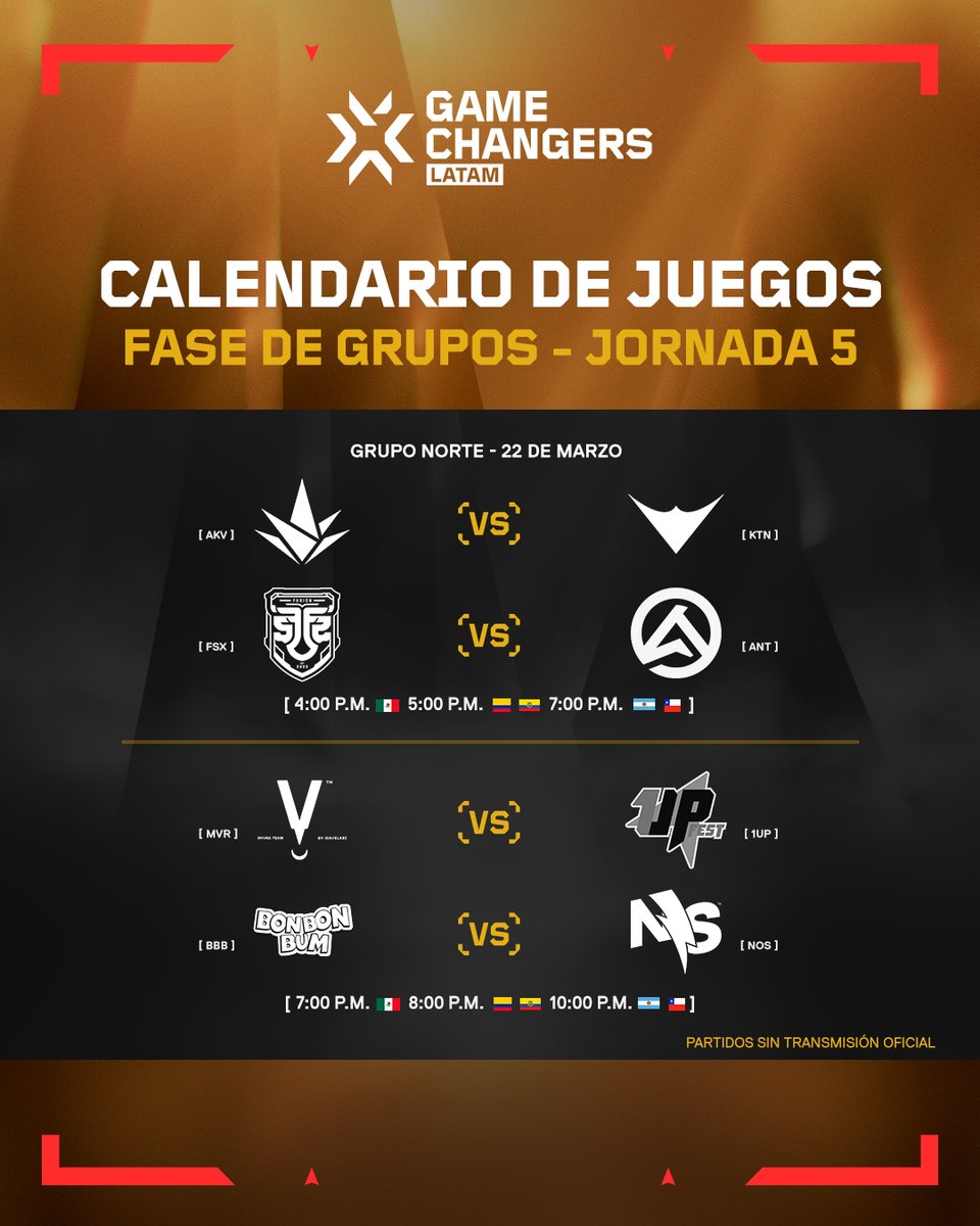 valesportsla's tweet photo. 🔥 ¡Se viene más acción en la Jornada 5 de #VCTGameChangers! 🔥

📅 Aquí tienes el calendario de los próximos enfrentamientos de los Grupos Norte y Sur.

No habrá transmisión oficial, pero te traeremos los resultados. Mantente pendiente. 👀✨ https://t.co/INPhjLExV0