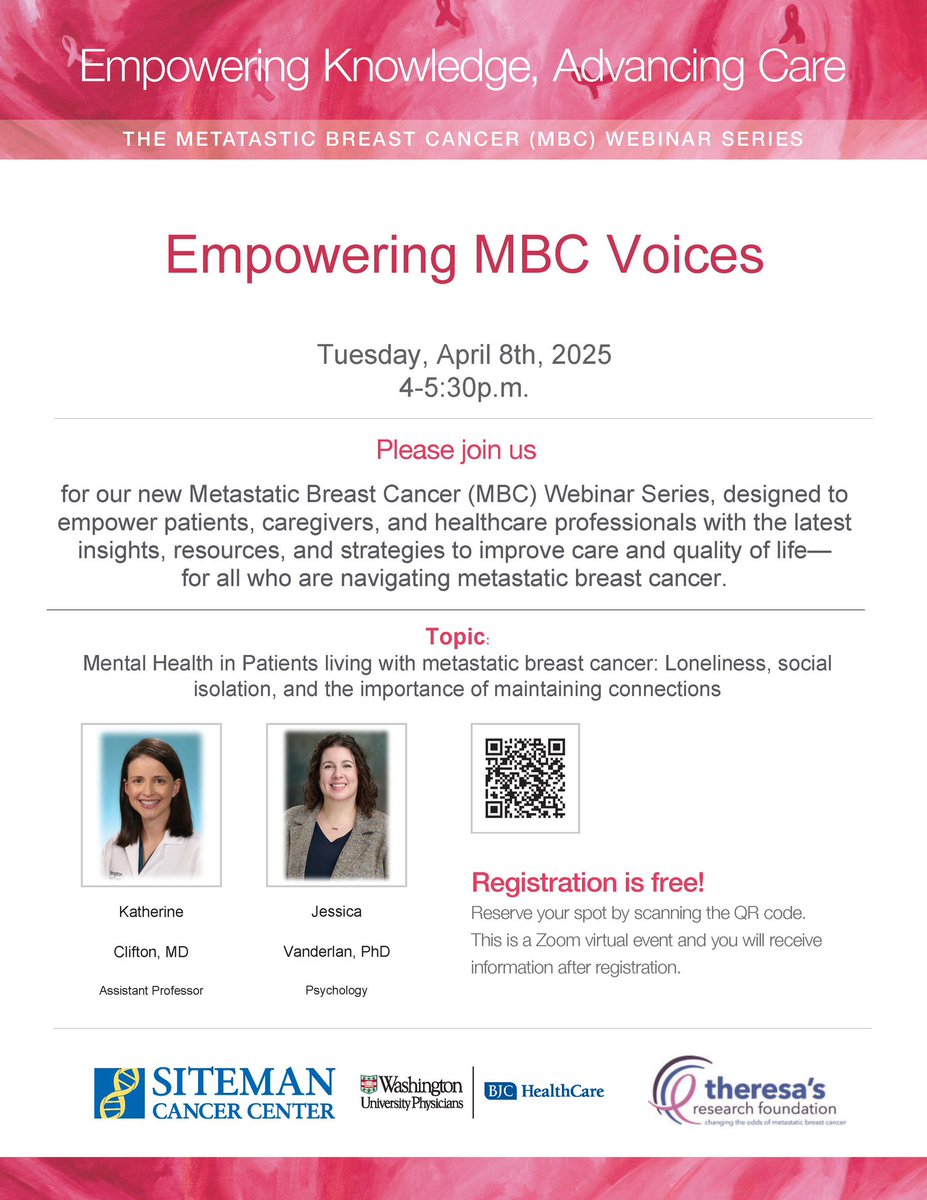 Theresa's Research Foundation (@metastaticodds) on Twitter photo We are launching a webinar series with The Breast Cancer Program <a href="/SitemanCenter/">Siteman Cancer Center</a>
Below is the link to register. Registration is free and the Webinar will also include a town hall. All those impacted by MBC are welcome to attend.
Registration Link:
wustl-hipaa.zoom.us/meeting/regi... We are launching a webinar series with The Breast Cancer Program <a href="/SitemanCenter/">Siteman Cancer Center</a>
Below is the link to register. Registration is free and the Webinar will also include a town hall. All those impacted by MBC are welcome to attend.
Registration Link:
wustl-hipaa.zoom.us/meeting/regi...