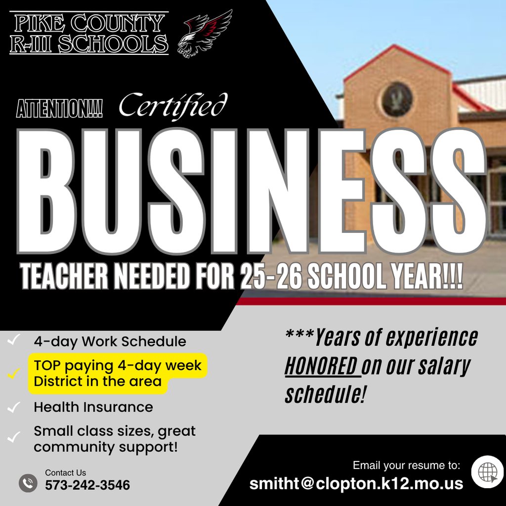 We are looking for a certified Business Teacher for the 2025-2026 school year! Please see the attached information and be sure to contact us if you have any questions!