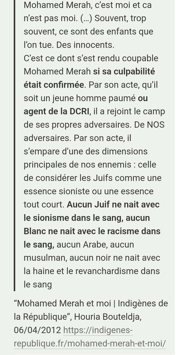 Nopasaran_a's tweet photo. Sueurs froides en relisant ces phrases abjectes d'Houria Bouteldja, 20jours après l'attentat, et ce alors que la culpabilité de Mohammed Merah ne faisait aucun doute.
Mélange nauséabond de complotisme et d'antisémitisme sous couvert d' "antisionisme".
Ni oubli Ni pardon https://t.co/Epo7CGg9KM