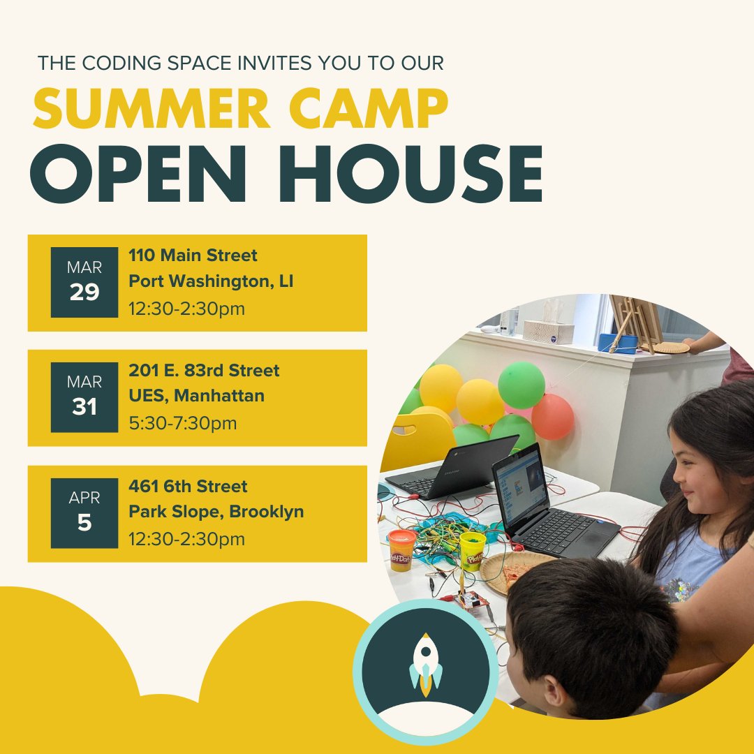 thecodingspace's tweet image. At The Coding Space, we're gearing up for a summer of learning and fun! Drop by one of our free open houses in March and April to say hello to our coding family and learn all about our summer offerings.
RSVP here: docs.google.com/forms/d/e/1FAI…
#camp #kidsactivities #tech #stem