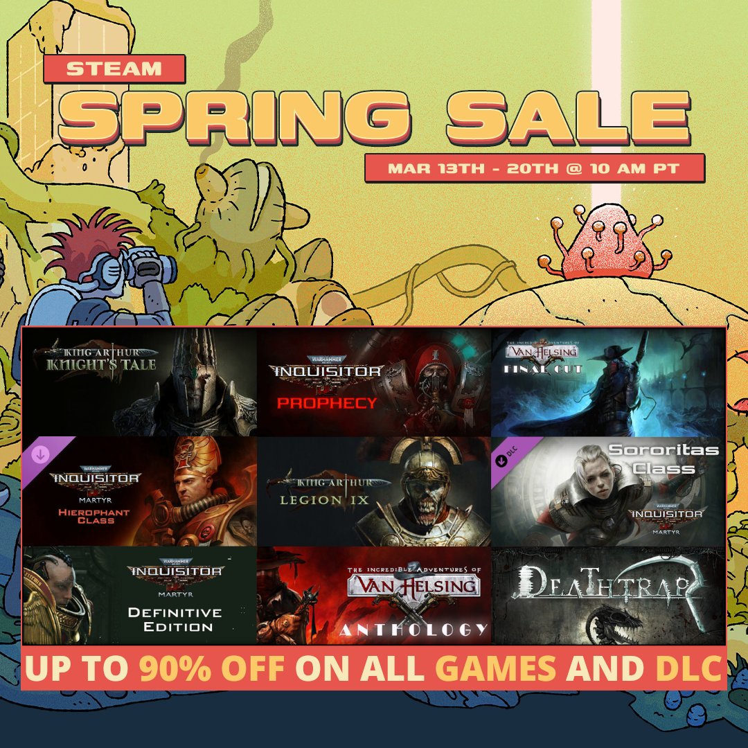 The are 24 hours left of the Steam Spring Sale, don't miss out! 
 
W40K: Inquisitor Martyr Definitive Edition is available at 90% and our latest class DLC, the Hierophant is at 50% off to complete your collection! 

Full list of our games on sale: store.steampowered.com/search/?develo…