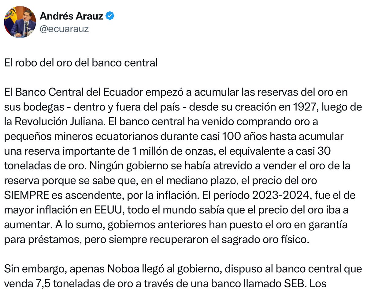 elinformante84's tweet image. #Diosito YA MEJOR LLEVAMNOS..
Dice @ecuarauz QUE NEVER NINGÚN GOBIERNO SE HABÍA ATREVIDO A VENDER EL ORO DE LAS RESERVAS DEL BANCO CENTRAL, HASTA QUE #Noboa lo hizo 🙈
#Correa vendió el 50% de las RESERVAS DE ORO
#Lelo ya está mal de la cabeza.