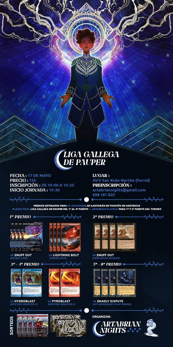 Os traemos nuestro primer torneo de Pauper, con clasificación directa para los 4 primeros a la final gallega🐙🌊

Cuándo? 17/05/2025 📆

Dónde? AVV - San Xoán-Bertón📍

Abrimos desde ya las preinscripciones a través del formulario que dejamos a continuación, siendo posible