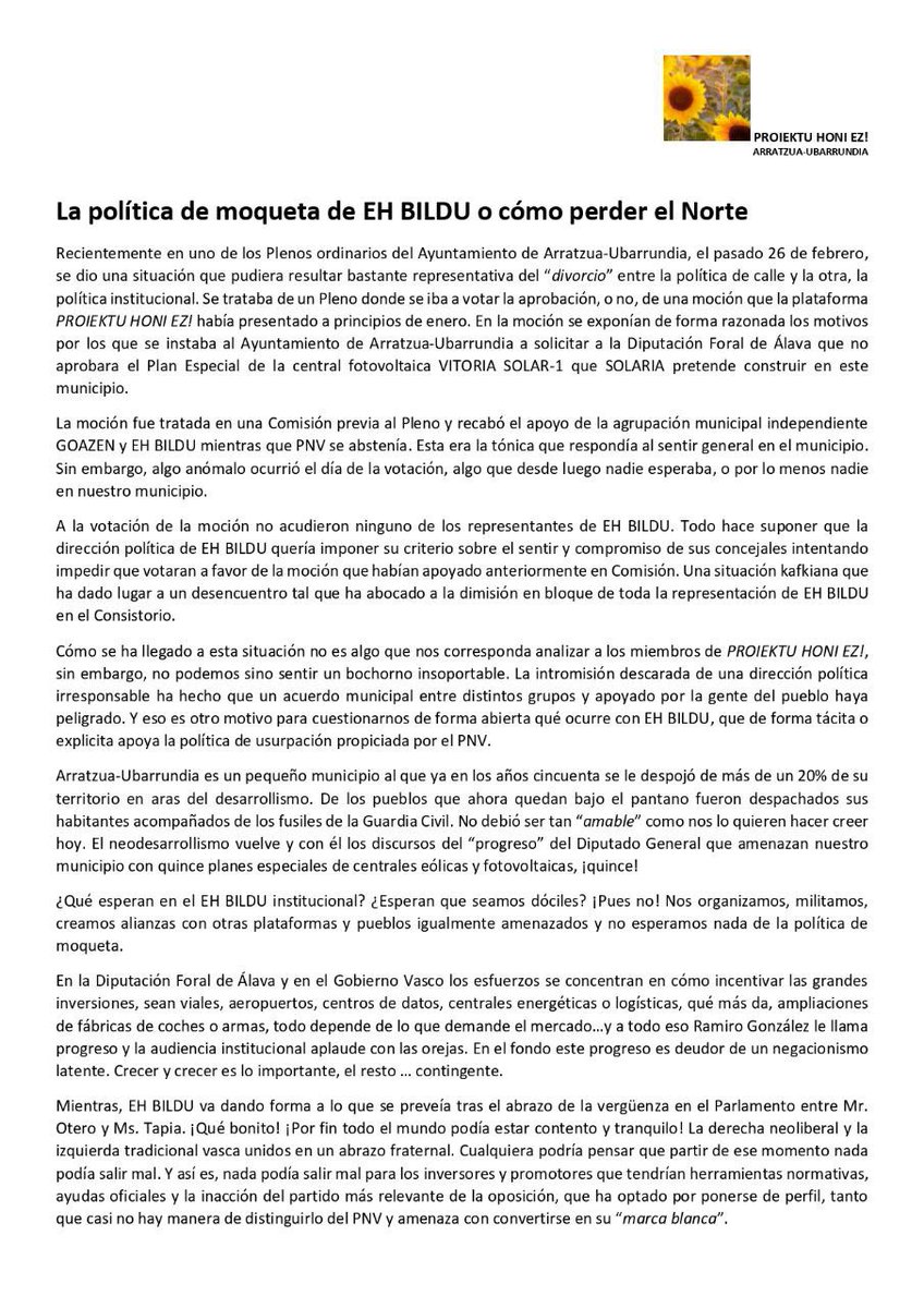 ArabaBizirik's tweet image. "La política de moqueta de EH BILDU o cómo perder el Norte", Proiektu honi ez! (Arratzua-Ubarrundia)