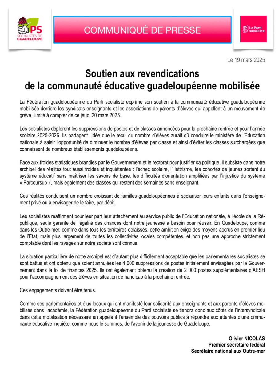 Olivier Nicolas 🌹 (@olnic1974) on Twitter photo Non à une approche comptable des enjeux de l’éducation en #Guadeloupe !
Les socialistes de la <a href="/FPSG971/">Parti Socialiste Guadeloupe 🌹</a> expriment leur soutien aux revendications de l’intersyndicale qui entame ce jeudi un mouvement de grève contre la réduction des moyens accordés à l’école publique.
Notre CP ⤵️ Non à une approche comptable des enjeux de l’éducation en #Guadeloupe !
Les socialistes de la <a href="/FPSG971/">Parti Socialiste Guadeloupe 🌹</a> expriment leur soutien aux revendications de l’intersyndicale qui entame ce jeudi un mouvement de grève contre la réduction des moyens accordés à l’école publique.
Notre CP ⤵️