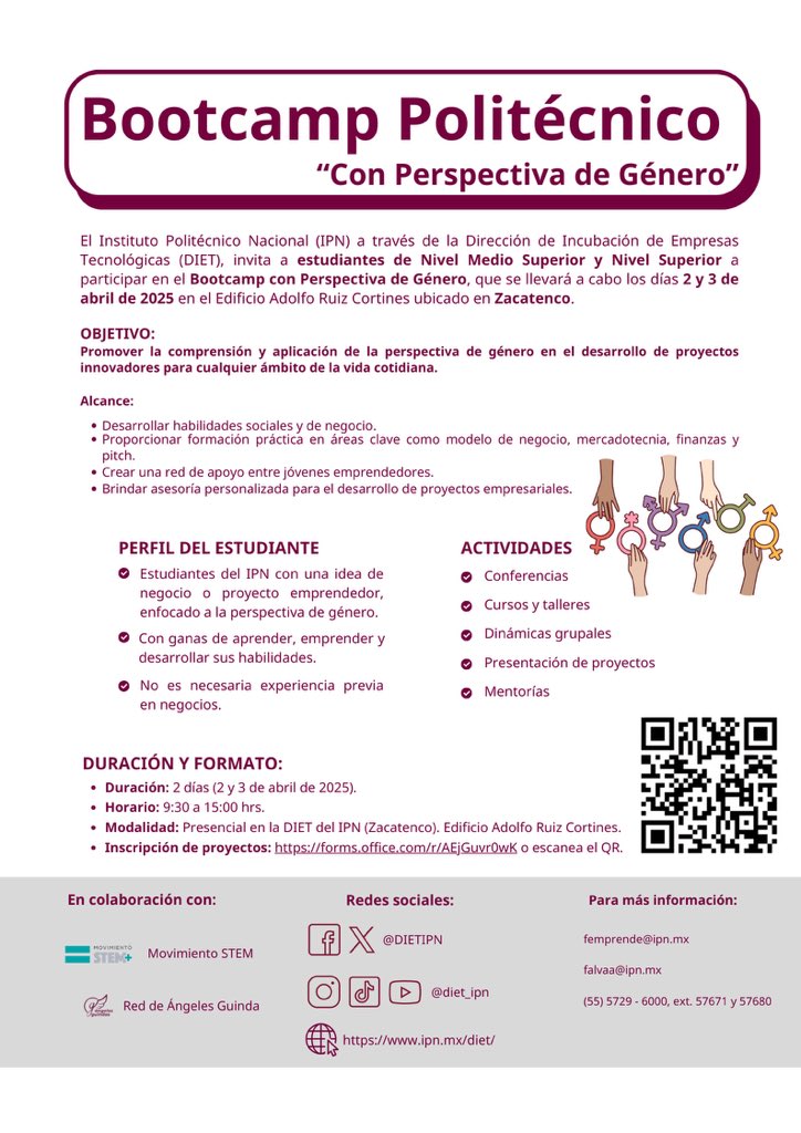 #ComunidadCECyT7
#ComunidadPolitécnica
invitamos a tod@s nuestros estudiantes a formar equipos de trabajo y participar en el Bootcamp Politécnico con Perspectiva de Género organizado por la DIET. #Huélum #SomosVoca7 #OrgullosamentePolitécnicos