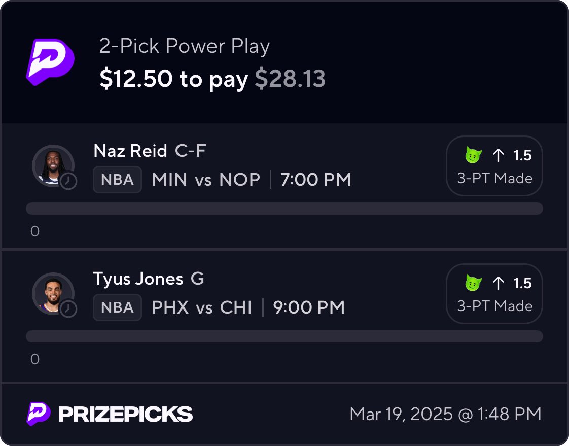 MMPICKS2245's tweet photo. 🔥 2-Pick Power Play Alert! 🔥

🏀 Naz Reid Over 1.5 Threes

Naz Reid is on fire from beyond the arc! This season, the Minnesota Timberwolves guard has been averaging 5.9 three-point attempts per game and making an impressive 38.7% of them. In a recent game against Miami on March 8, Reid dropped 15 points, including a solid 3-of-7 from deep.

🏀 Tyus Jones Over 1.5 Threes

Tyus Jones is also heating up from beyond the arc! The Sacramento Kings guard has been averaging 2.1 made threes per game this season and is shooting an incredible 42.6% from three-point range. In a win over Sacramento on March 15, Jones went 6-for-6 from beyond the arc, scoring a total of 20 points.

💰 Wager $12.50 to win $28.13 on PrizePicks! Let’s cash in! 🏀🔥

Like and follow for more winning picks!

#NBA #NBABets #SportsBetting #NBAPicks #BettingTips #GamblingTwitter #PrizePicks #MMPicks