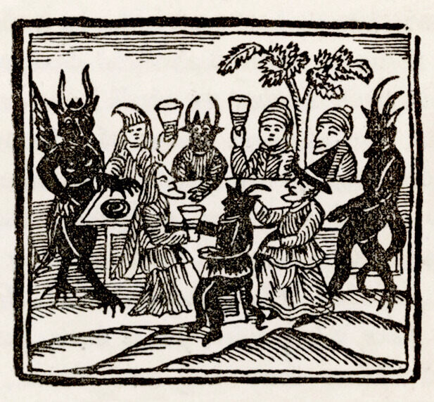 archaeologyart's tweet photo. Woodcut illustration depicting witches at a Sabbath, dining alongside the Devil and demons; European, circa 17th century AD. https://t.co/HXstC8YBYt