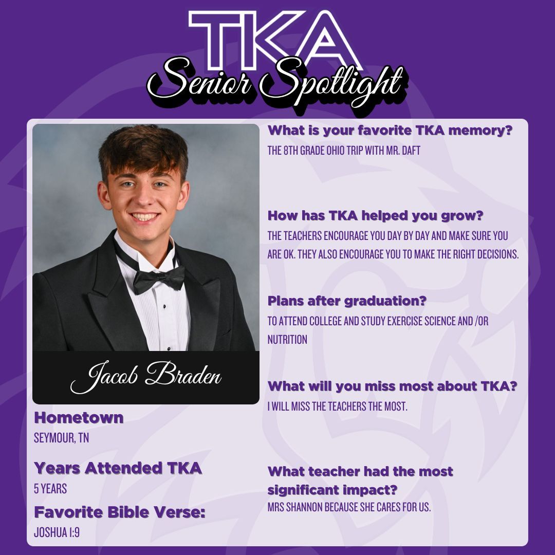 🎓 Senior Spotlight: Jacob Braden 🎓

Shining a spotlight on Jacob Braden! Jacob, your perseverance and faith have been a blessing to those around you. We know that as you move forward, God will use you in mighty ways. Keep pressing forward with confidence in His plan for you! 💜