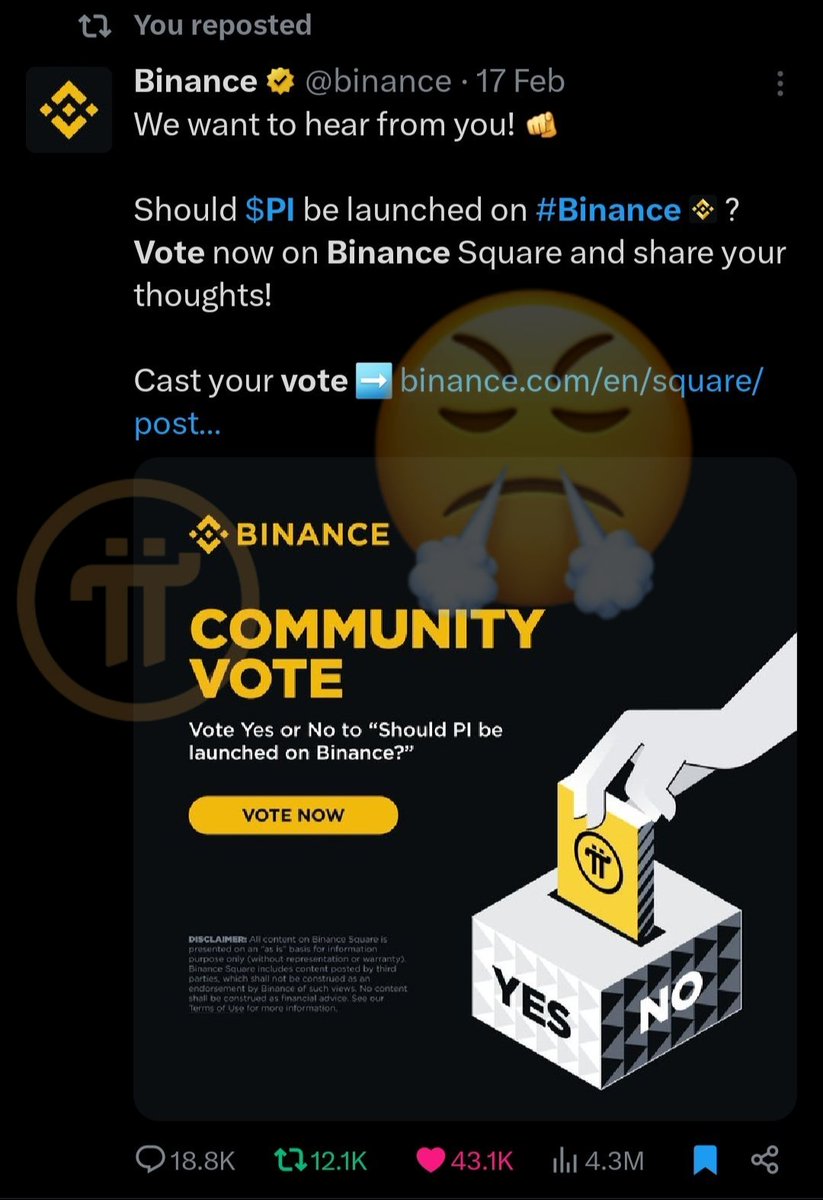 PiNewsGlobal's tweet photo. I just open X and see this bullshit. Bullshit because you recently made a vote in which over 800,000 people took part and almost all of them voted yes to Picoin listing.

Stop acting like some third rate junk exchange and fulfill your promises before you start the next vote. I don't know if CZ would have behaved like this if he was still at Binance, he wouldn't be proud of your behavior.

#Binance #BinanceBoycott