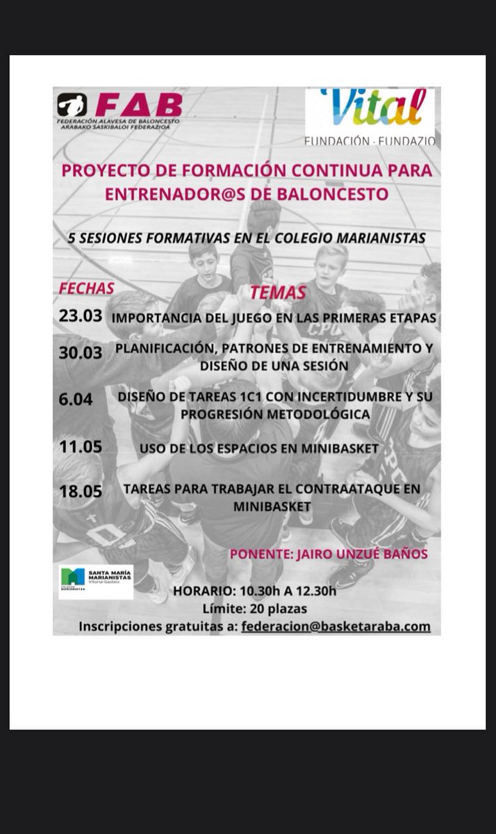 basketaraba's tweet photo. 🏀PROYECTO DE FORMACIÓN CONTINUA PARA ENTRENADORES/AS DE BALONCESTO🏀
No te pierdas las sesiones de formación que tendrán lugar durante las próximas semanas con Jairo Unzue y gracias a @lakuabasket y @mariasgasteiz 
➕ información y en la web
¡TE ESPERAMOS! 
#basketaraba💪🏼🏀 https://t.co/aL2uGub0Sc