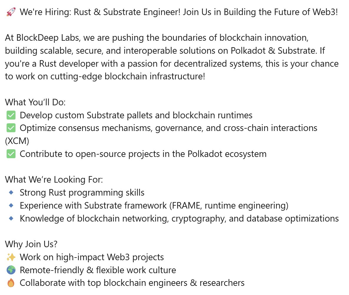 We're hiring a rockstar Rust &amp; Substrate engineer. 🚀

Join us to build next-gen blockchain infrastructure on <a href="/Polkadot/">Polkadot</a> &amp; Substrate!👇
