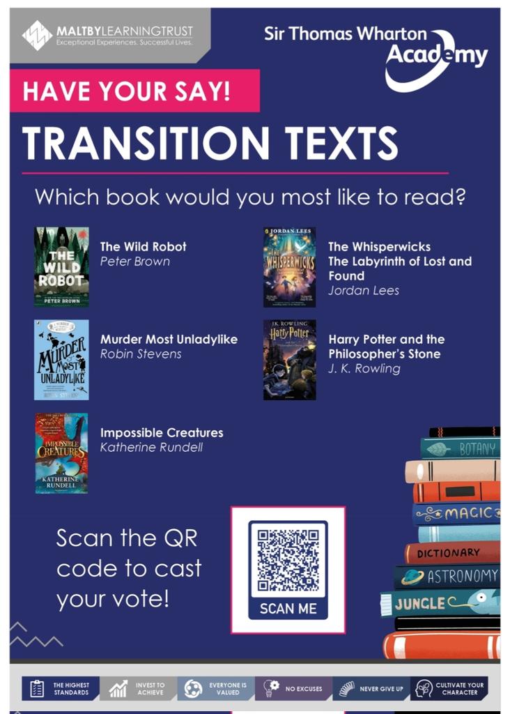📣Transition Announcement 📣

Calling Year 6 students! 

Have your say in your transition text! Scan the QR code and cast your vote. Which text would you most like to read?
Cast your vote before Monday 14th April 📚💙