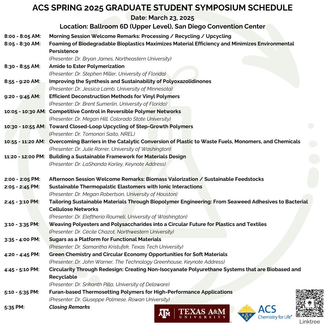 tamugsspc's tweet image. The wait is almost over! 馃帀 Our finalized speaker schedule is here, and we鈥檙e less than a week away from the symposium! Get ready for insightful discussions and incredible speakers - we can鈥檛 wait to see you there!
Check out the Linktree for more information. #acs #gsspc