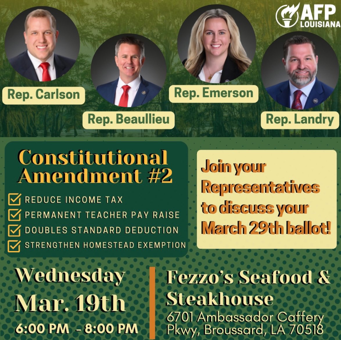 🚨 DON’T FORGET! 🚨

Join AFP Louisiana and Representatives <a href="/JulieEmerson/">Julie Emerson</a> , <a href="/JacobLandryLA/">Jacob Landry for LA</a> , <a href="/beaubeaullieu/">Beau Beaullieu</a> , and <a href="/joshuapcarlson/">Joshua Carlson</a> TONIGHT at 6 PM for a Town Hall at Fezzo’s Seafood &amp; Steakhouse on Ambassador! 🗣️

📍 Fezzo’s Seafood &amp; Steakhouse
⏰ 6:00 PM

We will discuss how