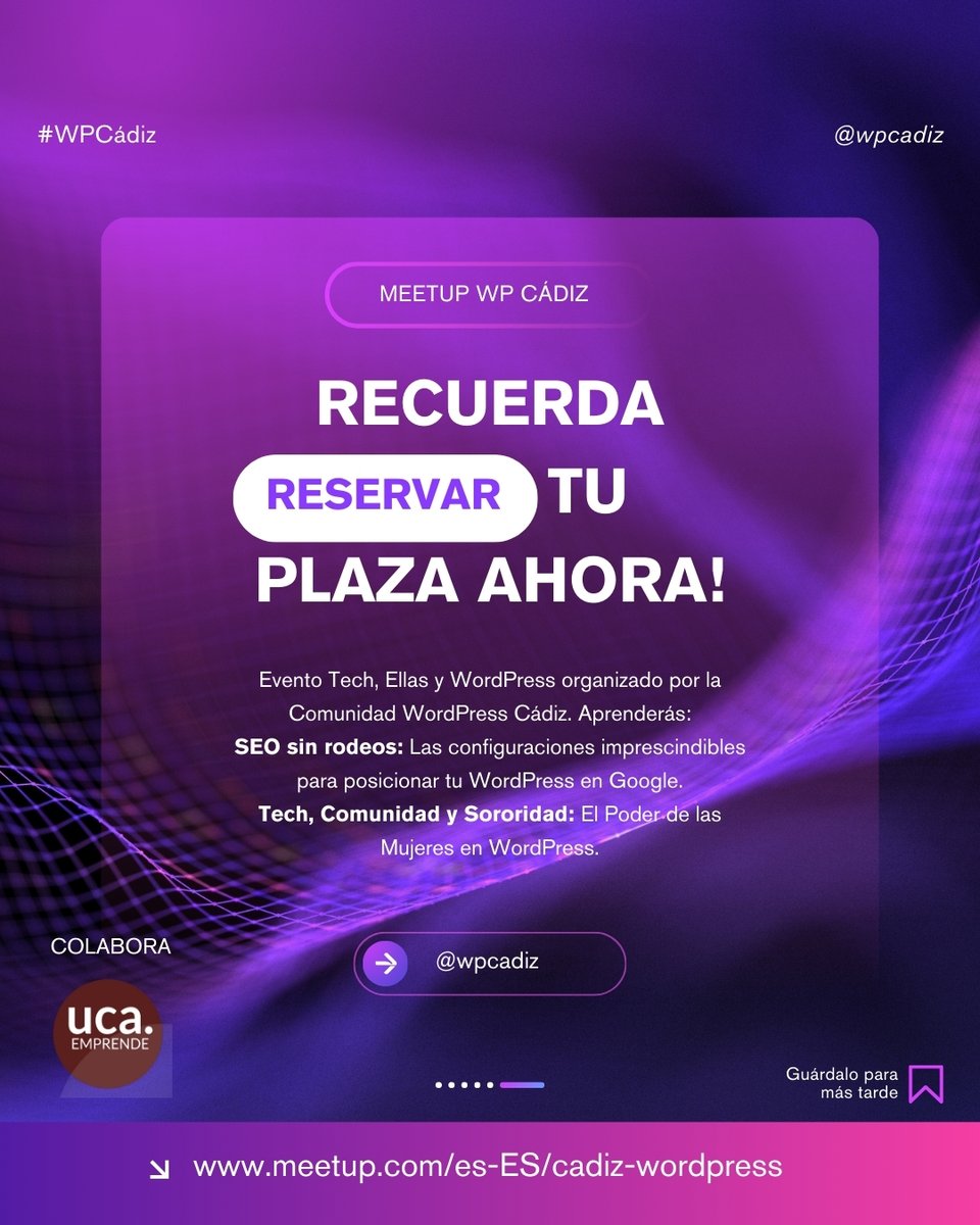 Conoce a las ponentes del “Tech, Ellas y WordPress”
🔹Vanessa Martínez -  “Tech, Comunidad y Sororidad” y 🔹 Alba Rueda - “Seo sin Rodeos”
🔖 ENTRADA GRATUITA: bit.ly/techellaswpcad…
📆 28 de Marzo 📍 Sala Argüelles en el Edificio Constitución 1812 (La Bomba), 17:30 h 
#Cadiz