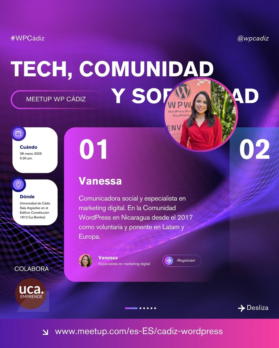 WordPressCadiz's tweet photo. Conoce a las ponentes del “Tech, Ellas y WordPress”
🔹Vanessa Martínez -  “Tech, Comunidad y Sororidad” y 🔹 Alba Rueda - “Seo sin Rodeos”
🔖 ENTRADA GRATUITA: https://t.co/8CHmMvOQI6
📆 28 de Marzo 📍 Sala Argüelles en el Edificio Constitución 1812 (La Bomba), 17:30 h 
#Cadiz https://t.co/QKGYXv29zh