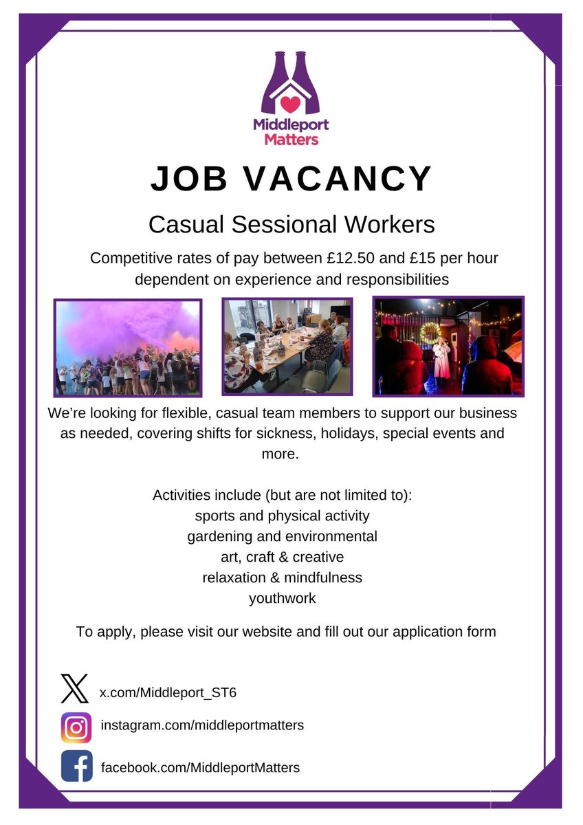 📢 We’re hiring Casual Sessional Workers! 🎉

Looking for flexible work that fits around your schedule? To support our team as needed—covering shifts for sickness, holidays, and special events.

Interested? Apply today! 📩✨
middleportmatters.co.uk/1807/opportuni…