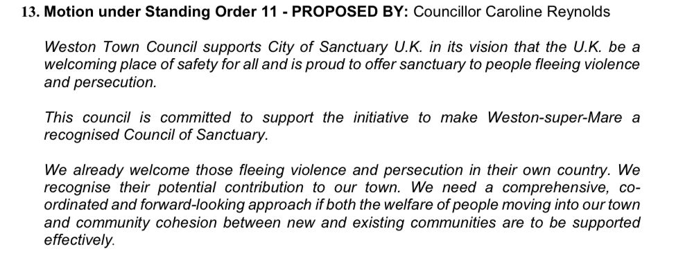 Residents of #WestonsuperMare need to read this. Weston Town Council planning to support <a href="/CityofSanctuary/">City of Sanctuary UK 🧡</a> - bringing more immigrants into WsM and pushing British citizens to the back of the queue for services.
None of us voted for mass immigration - contact your #wsm town