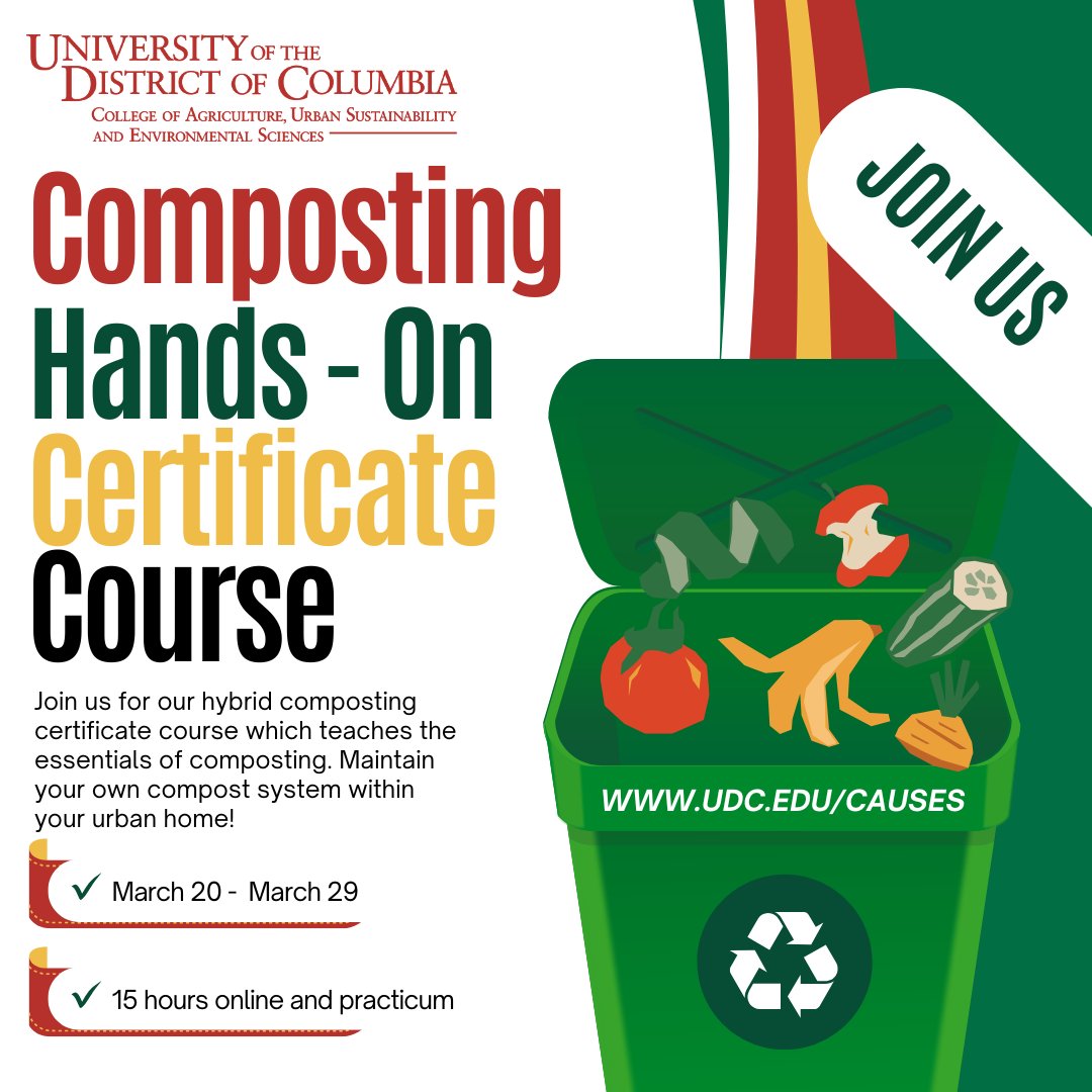 Food scraps → 🌱 garden gold! 

Join UDC Causes’ Composting Hybrid Course to learn how to turn waste into nutrient-rich soil. Reduce waste, grow better plants, and support a greener community! ♻️✨ 

👉 Sign up today 
bit.ly/4c1QoOL