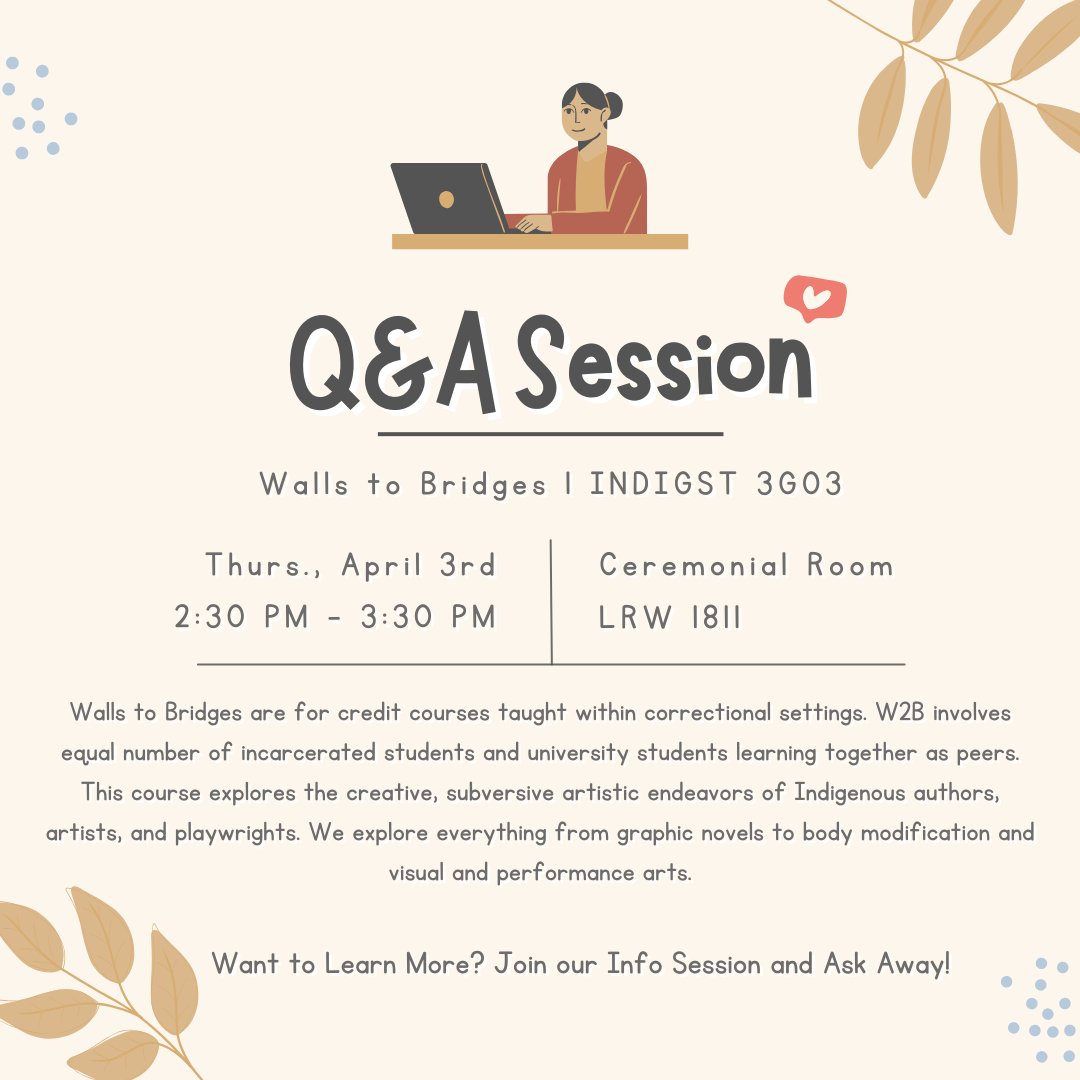 Walls to Bridges are credit courses taught within correctional settings. W2B involves equal number of incarcerated students and university students learning together as peers. 
Want to Learn More? Join us on April 3rd and Bring Your Questions!