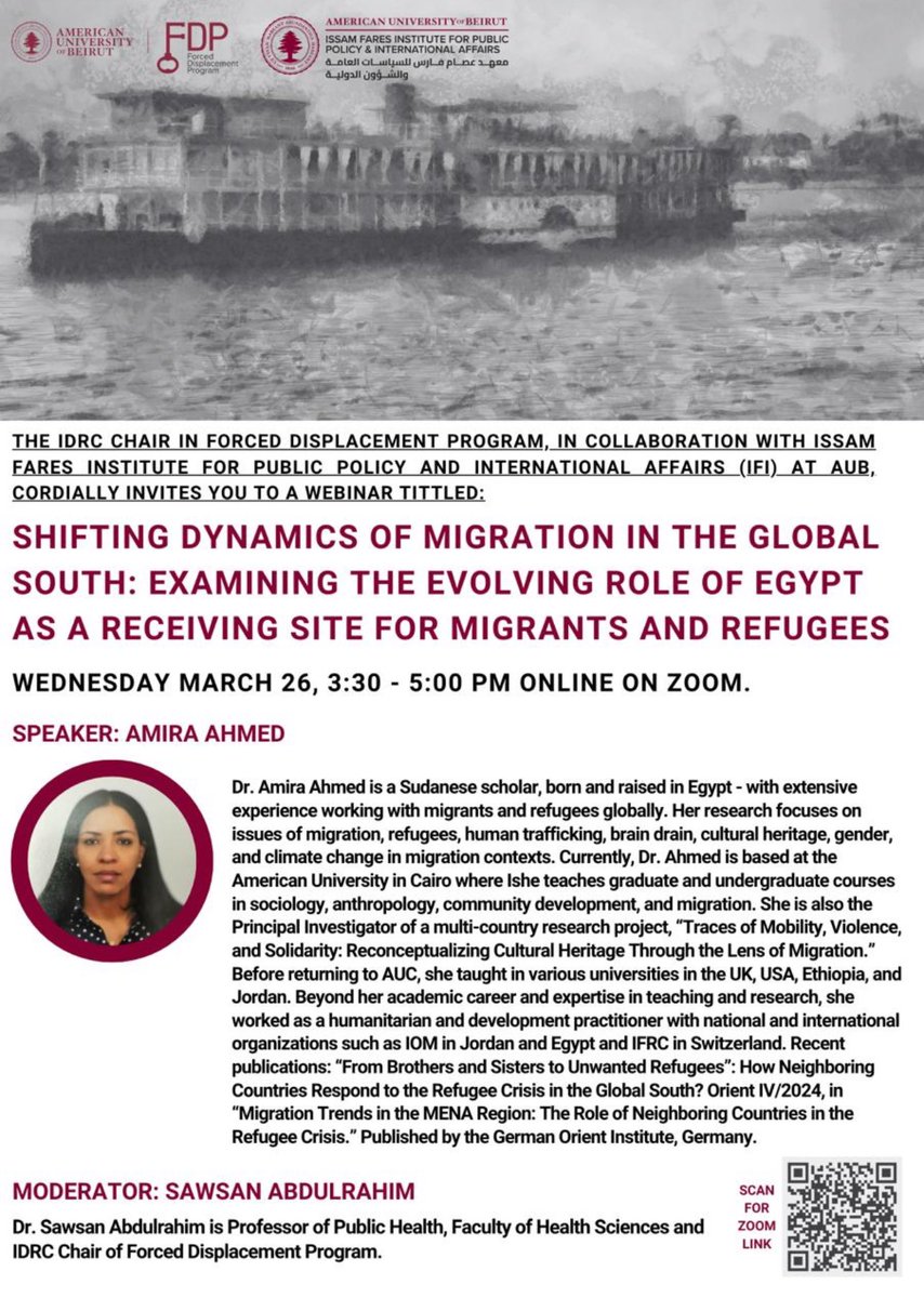 Join the IDRC Chair from Beirut, Dr. Sawsan Abdulrahim, and the Issam Fares Institute for a webinar discussing the role of Egypt as a receiving site for Migrants and Refugees. 

🗓️March 26, 3:30 - 5:00 PM (EET)
📍Zoom