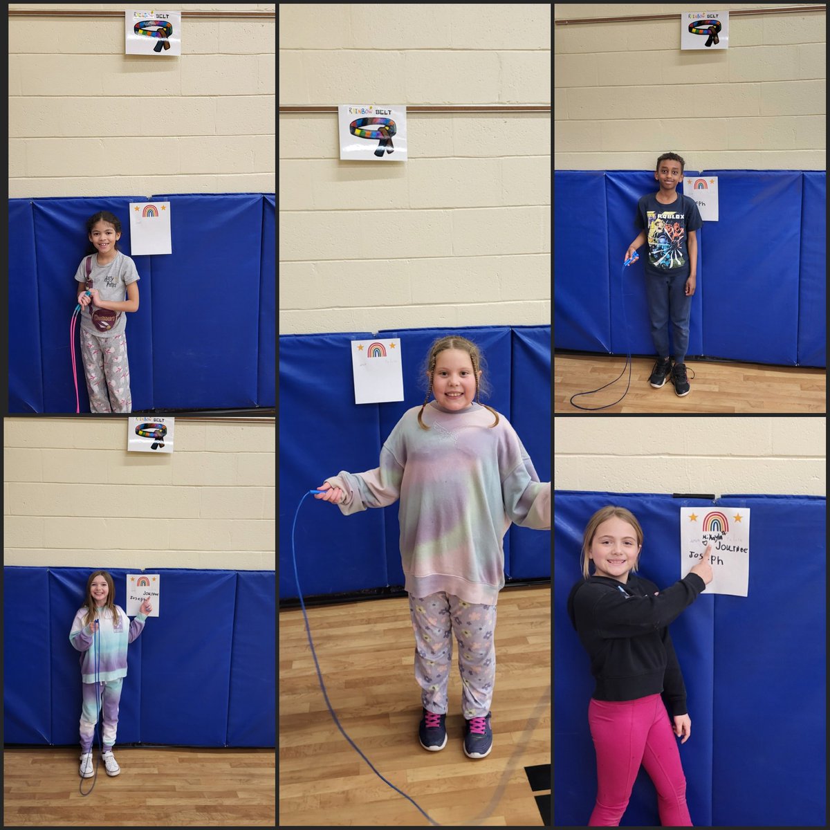 Jump Rope Ninja-students worked hard to build their stamina &amp; skills to earn belts. Rainbow belts are earned by doing the same number of jumps as a black, but without stops or mistakes.
Grades: K (20 jumps), 1 (50 jumps), 2 (75 jumps), 3 (125 jumps), 4 (175 jumps) #Physed #PE