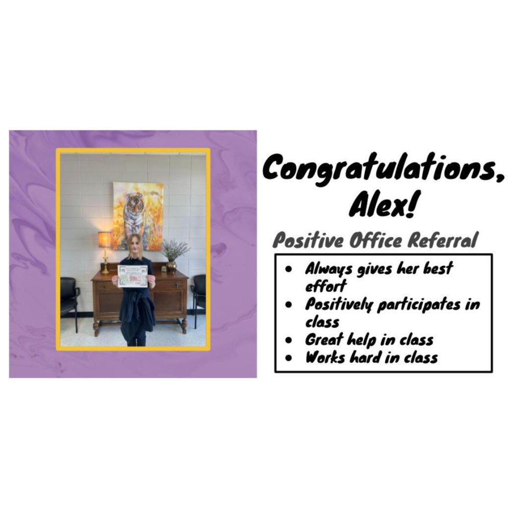 benton_middle's tweet photo. March Positive Office Referrals! These Tigers have demonstrated PBIS Exemplary Behaviors! Thank you for being positive role models at BMS! 💜🐯💛 #Tigerproud https://t.co/peRunimveW