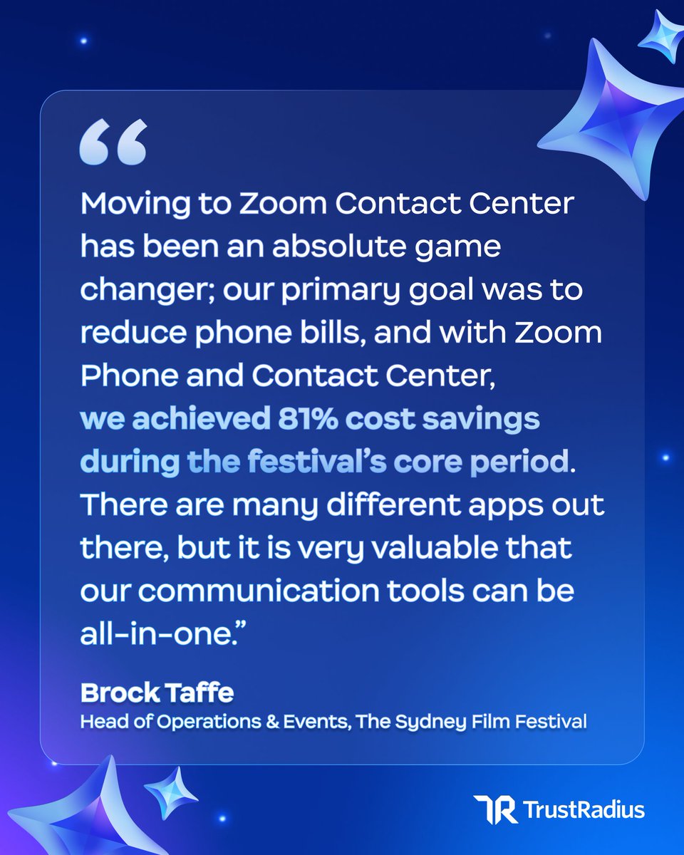 Zoom (@zoom) on Twitter photo We're proud to have helped <a href="/sydfilmfest/">Sydney Film Festival</a> reduce costs by 81% during its core festival period with Zoom Contact Center—all while delivering a seamless customer experience! 🙌
Check out their review and hear what Brock Taffe, Head of Operations & Events at Sydney Film Festival, has We're proud to have helped <a href="/sydfilmfest/">Sydney Film Festival</a> reduce costs by 81% during its core festival period with Zoom Contact Center—all while delivering a seamless customer experience! 🙌
Check out their review and hear what Brock Taffe, Head of Operations & Events at Sydney Film Festival, has