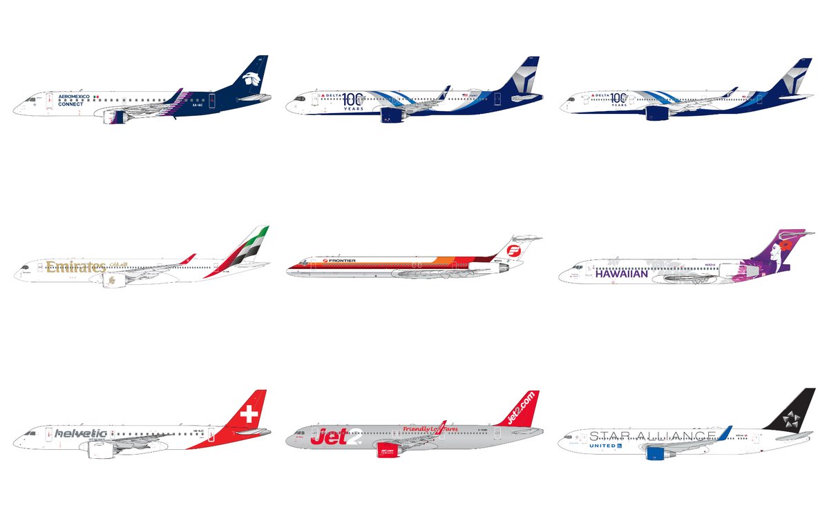 TAKEOFF! GeminiJets 1:400-scale March '25: Aeromexico Connect E190, Delta "100 Years" A321neo &amp; A350, Emirates A350, Frontier MD-80, Hawaiian 717, Helvetic E190-E2, Jet2 A321neo, United 767-300ER "Star Alliance." Pre-order now. See the retailers list at geminijets.com/retailers