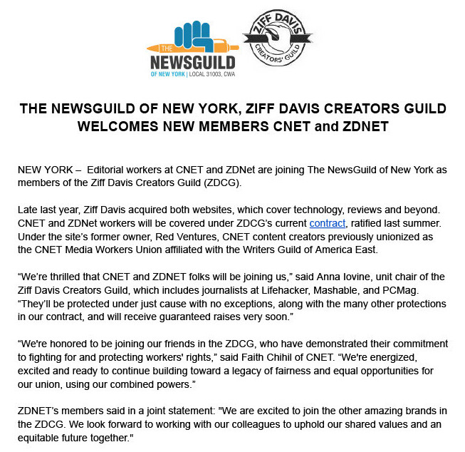 We're happy to share that CNET and ZDNET are joining ZDCG! We're proud that more media workers will be protected under our contract 💪✊ nyguild.org/post/the-newsg…