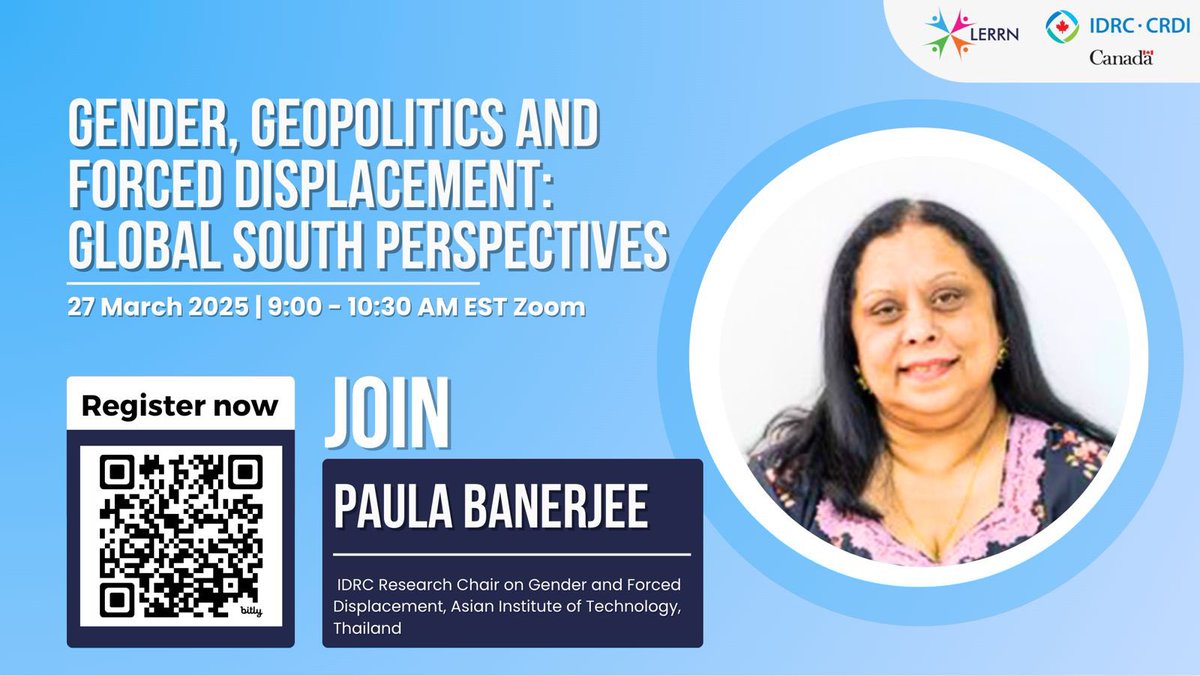 Why debate on gender beyond ‘women’? 

Join Paula Banjeree for the fourth and final webinar as she discusses the structural problems (and challenges) in bringing a gendered voice/s in refugee policies. 

🗓️ March 27 9-10:30 AM EST
Register here: carleton.ca/fd-chairs-net/…
