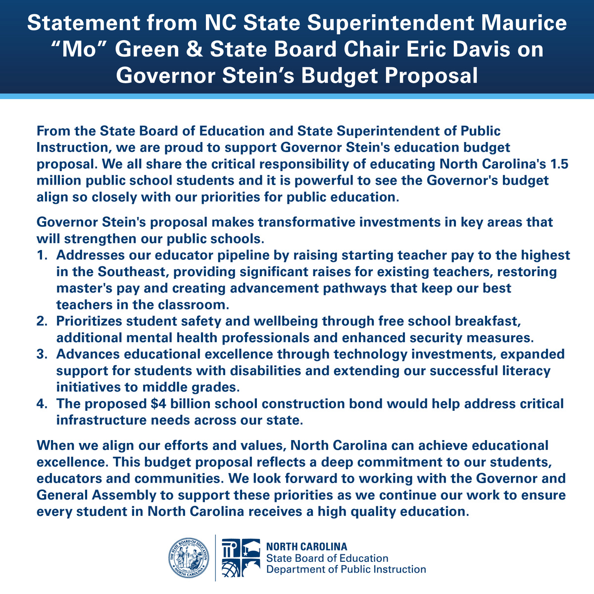 From the State Board of Education and State Superintendent of Public Instruction, we are proud to support <a href="/NC_Governor/">Governor Josh Stein</a>'s education budget proposal, which aligns with our priorities for North Carolina's 1.5 million public school students. #nced #ncpol
Full statement below.