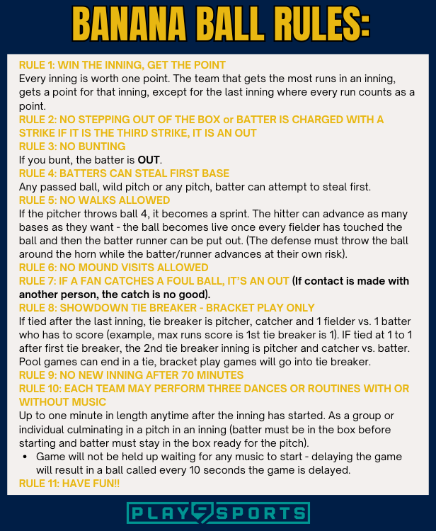 Now is your chance to register for a one of a kind event, where we are playing under banana ball rules! Registration is open at play9sports.com! This event is going to be one you DO NOT want to miss out on! 🏆🥎🍌

#Play9Sports.com