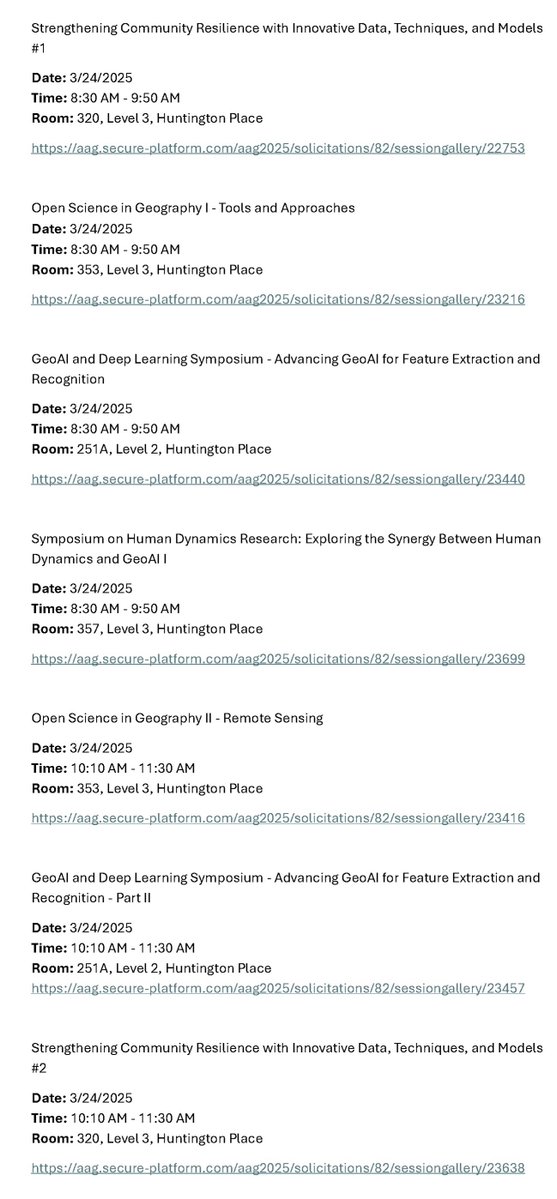 AAG_GISS's tweet image. 🚀 GISS Specialty Group Sessions – Day 1 (March 24) at #AAG2025! 🌍
📄 Explore the full Day 1 session list in the images below!
🔗 Complete session list for all days:
docs.google.com/document/d/1Vz…