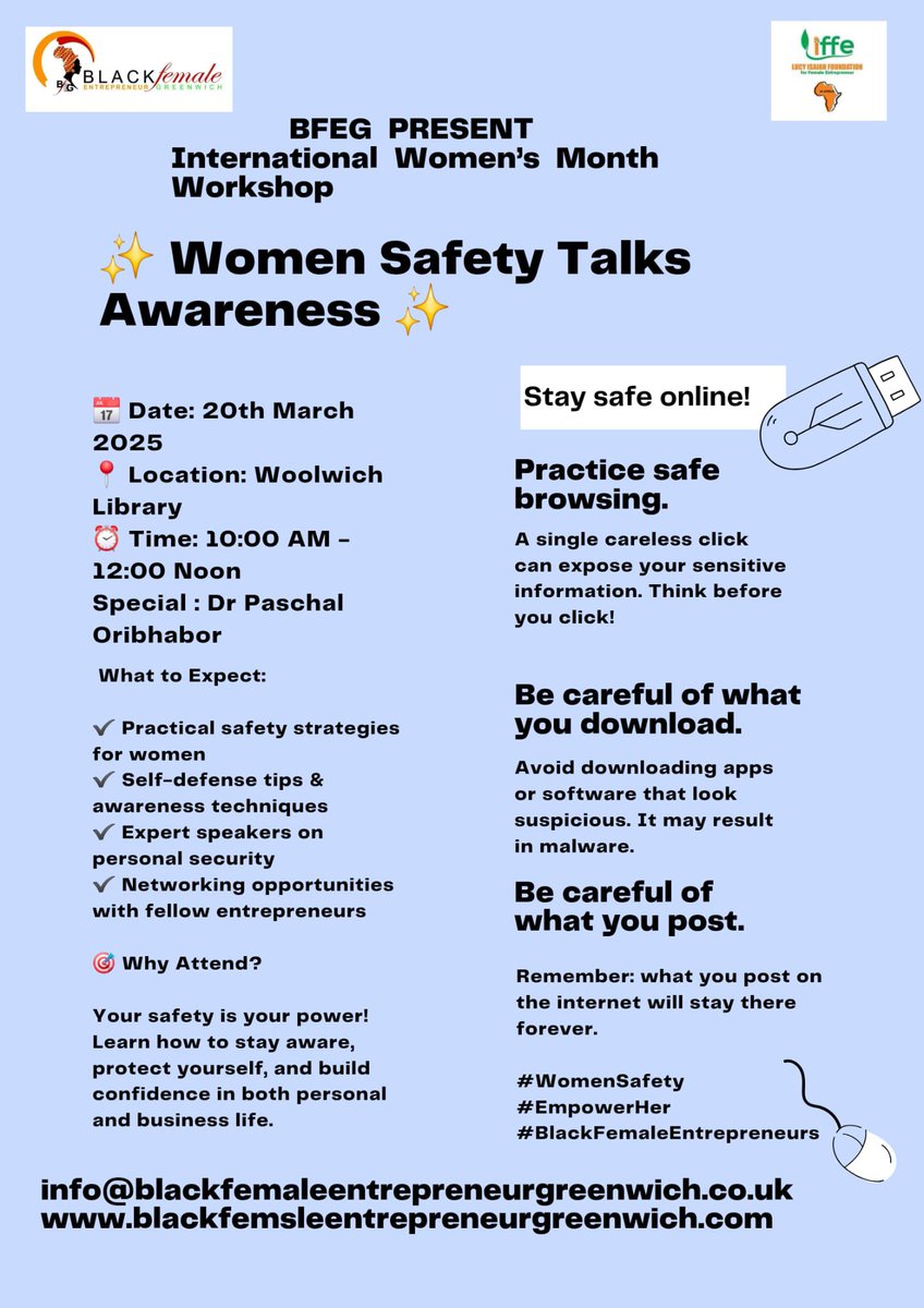 Black Female Entrepreneur Greenwich (@bfegreenwich) on Twitter photo Equip yourself @ Women Safety Talks Awareness tomorrow <a href="/WoolwichLibrary/">Woolwich Centre Library</a> by <a href="/Naijagreenwich/">Naija Comm Greenwich</a> Head of Health & Safety/Risk Assessment Trainer #InternationalWomensDay <a href="/Royal_Greenwich/">Royal Borough of Greenwich</a> <a href="/Goddess44/">SMae π πͺπΊ π¬π§ π―π² ππ#NHS #FBPE</a> <a href="/sandrabauer/">Sandra Bauer</a> <a href="/abenaopp/">Abena Oppong-Asare MP</a> <a href="/AMCo1/">Res ipsa loquitur....AMC01</a> <a href="/TNLComFund/">The National Lottery Community Fund</a> <a href="/BlacAwards/">The BLAC Awards CIC</a> <a href="/MayorofLondon/">Mayor of London, Sadiq Khan</a> #SafetyFirst Equip yourself @ Women Safety Talks Awareness tomorrow <a href="/WoolwichLibrary/">Woolwich Centre Library</a> by <a href="/Naijagreenwich/">Naija Comm Greenwich</a> Head of Health & Safety/Risk Assessment Trainer #InternationalWomensDay <a href="/Royal_Greenwich/">Royal Borough of Greenwich</a> <a href="/Goddess44/">SMae π πͺπΊ π¬π§ π―π² ππ#NHS #FBPE</a> <a href="/sandrabauer/">Sandra Bauer</a> <a href="/abenaopp/">Abena Oppong-Asare MP</a> <a href="/AMCo1/">Res ipsa loquitur....AMC01</a> <a href="/TNLComFund/">The National Lottery Community Fund</a> <a href="/BlacAwards/">The BLAC Awards CIC</a> <a href="/MayorofLondon/">Mayor of London, Sadiq Khan</a> #SafetyFirst