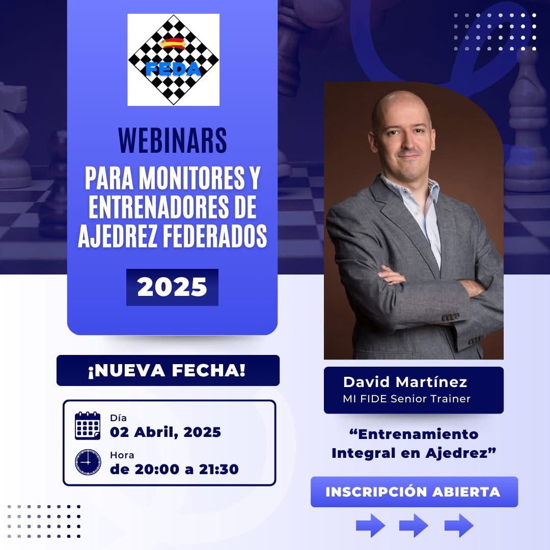 El webinar con el MI David Martínez, estaba programado para el 26 de marzo,ha sido reprogramado para el 2 de abril
📅 Nueva fecha: 2 de abril
🎙 Ponente: MI David Martínez
📍 Modalidad online/90 minutos 🔗Más información e inscripciones en [enlace o información de inscripción]