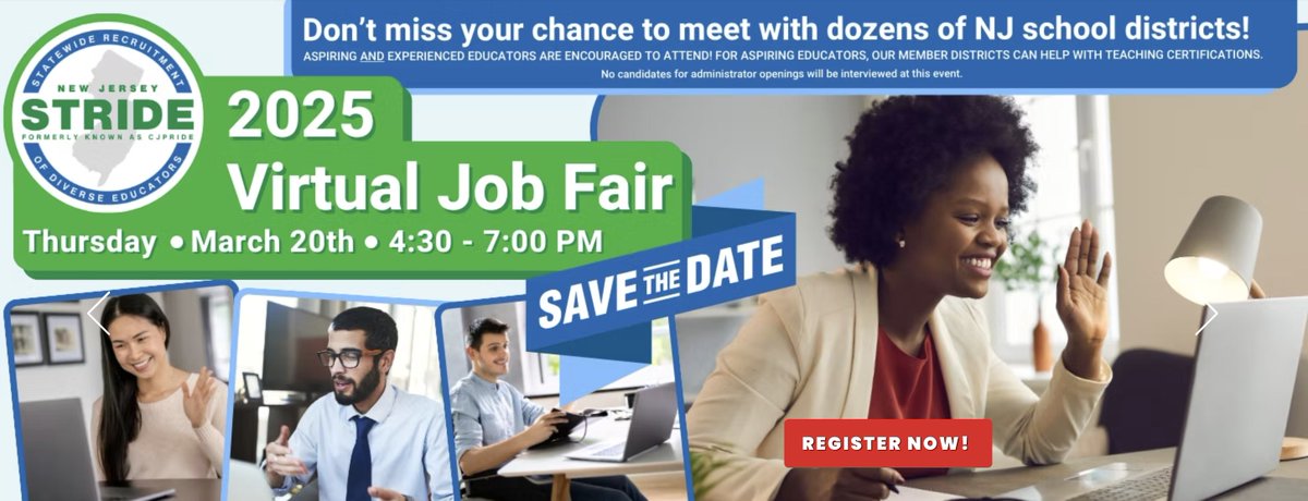 Have you signed up for NJ STRIDE's Virtual Job Fair yet? It's not too late! Join us tomorrow from 4:30–7:00 p.m. to connect with multiple NJ school districts. Don’t miss out! #WWP #WWPRSD #NJStride ➡️ bit.ly/3RhGcbl ✅