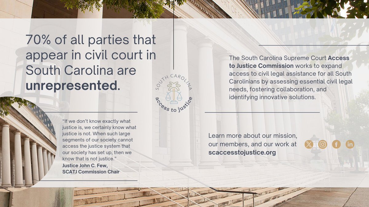 SCATJ's tweet image. Seventy percent of people that go to civil court in South Carolina don’t have a lawyer. This is the justice gap.

Read more scaccesstojustice.org/the-sc-justice…

#JusticeGap #SCATJ

Alt. Text: [Graphic stating that 70% of civil court parties in South Carolina are unrepresented]