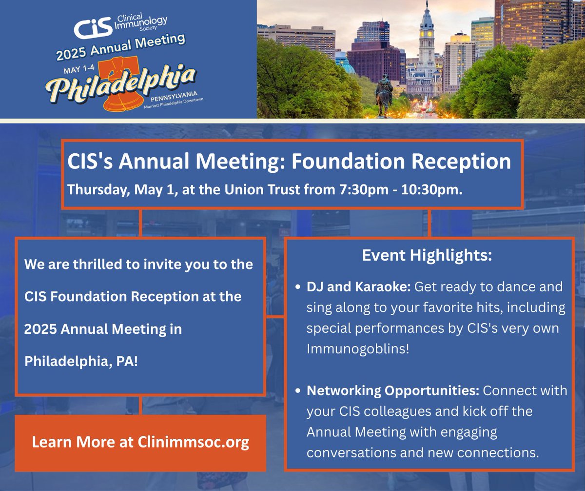 🎉 Join the CIS Foundation Reception at #CIS2025!
📅 May 1, 7:30 PM - 10:30 PM | 📍 Union Trust, Philly
Enjoy a night of DJ, karaoke, networking, and support the CIS Foundation Scholar Grants! 
🎟️ Get tickets during registration or onsite.
👉 Learn more: ow.ly/C0RK50Vl1YC