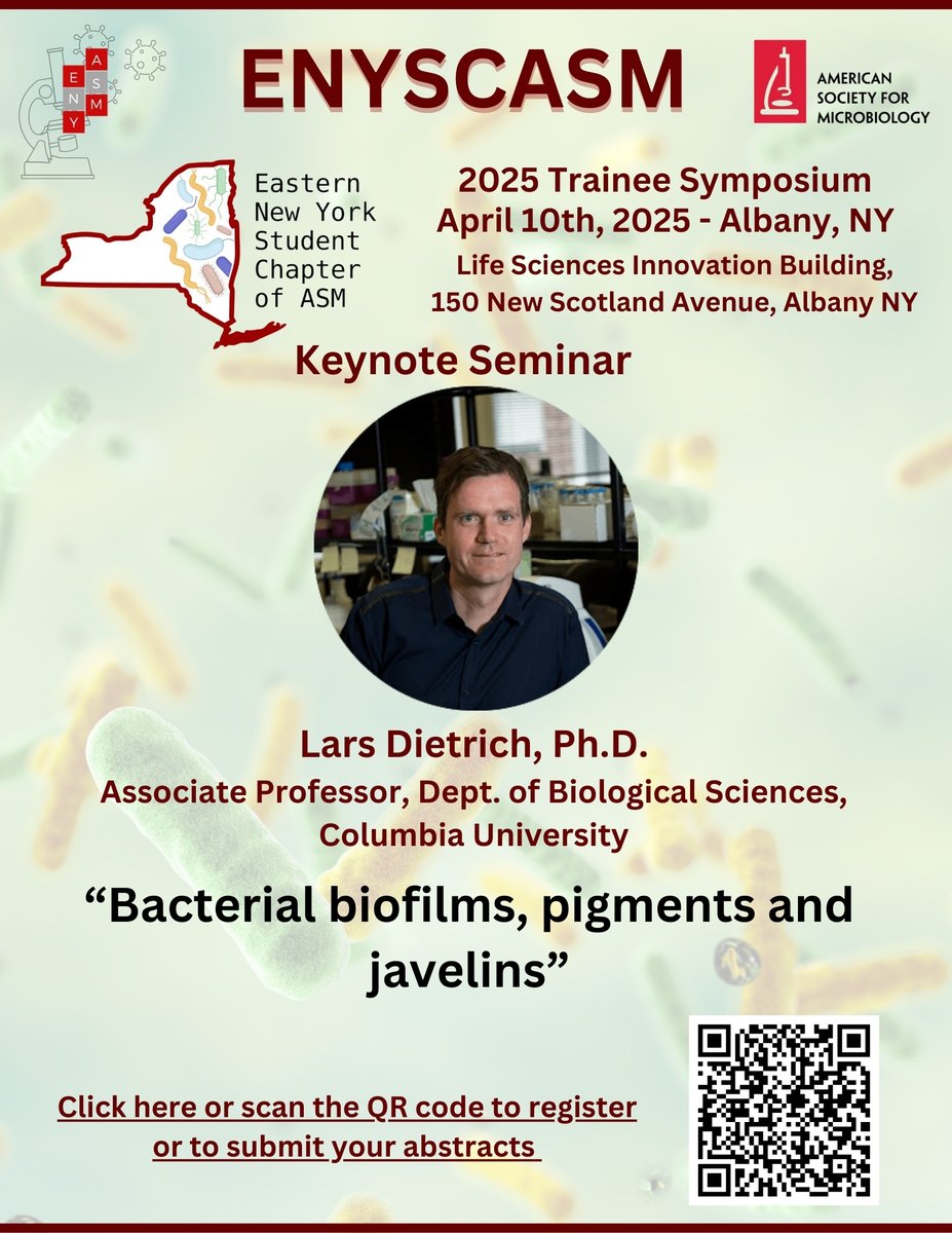 Join us at the 2025 ENYSCASM Trainee Symposium on April 10th at the Life Sciences Innovation Building in Albany, NY! 🏛️
🎤Keynote Speaker: Dr. Lars Dietrich
📢Talk: Bacterial biofilms, pigments, and javelins
🔬Submit your abstract &amp; register now!