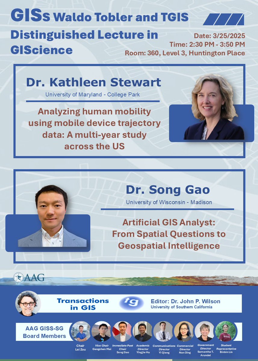 AAG_GISS's tweet image. 🚀 Three exciting GISS events are happening tomorrow (Mar 25) at #AAG2025! 🌍
1️⃣ Student Competition
2️⃣ GISS Waldo Tobler & TGIS Distinguished Lecture
3️⃣ Awards & Reception
📢 Scan the QR code on the flyer to register & get a free drink at the reception! 🍹
See you there!