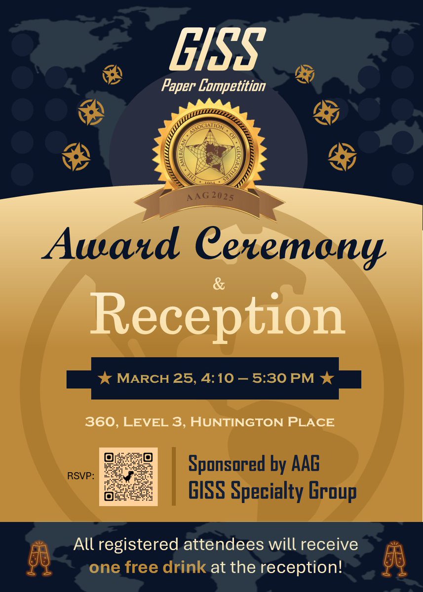 AAG_GISS's tweet image. 🚀 Three exciting GISS events are happening tomorrow (Mar 25) at #AAG2025! 🌍
1️⃣ Student Competition
2️⃣ GISS Waldo Tobler & TGIS Distinguished Lecture
3️⃣ Awards & Reception
📢 Scan the QR code on the flyer to register & get a free drink at the reception! 🍹
See you there!